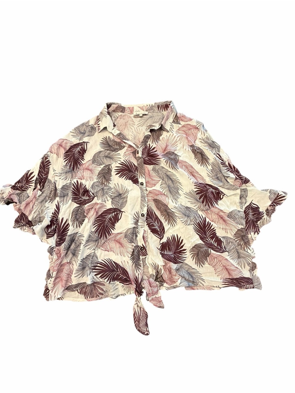 Skies Are Blue Blouse Button‎ Up Tie Waist Bat Wings Size 2X Feather Print Rayon
